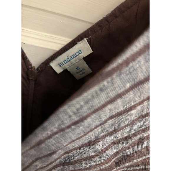 Sundance Women's Linen‎ Belted Gray Brown Striped  Allende Dress Size 16 $168 - Picture 2 of 6